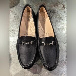 SAS Black Leather Loafers with Silver Accent
